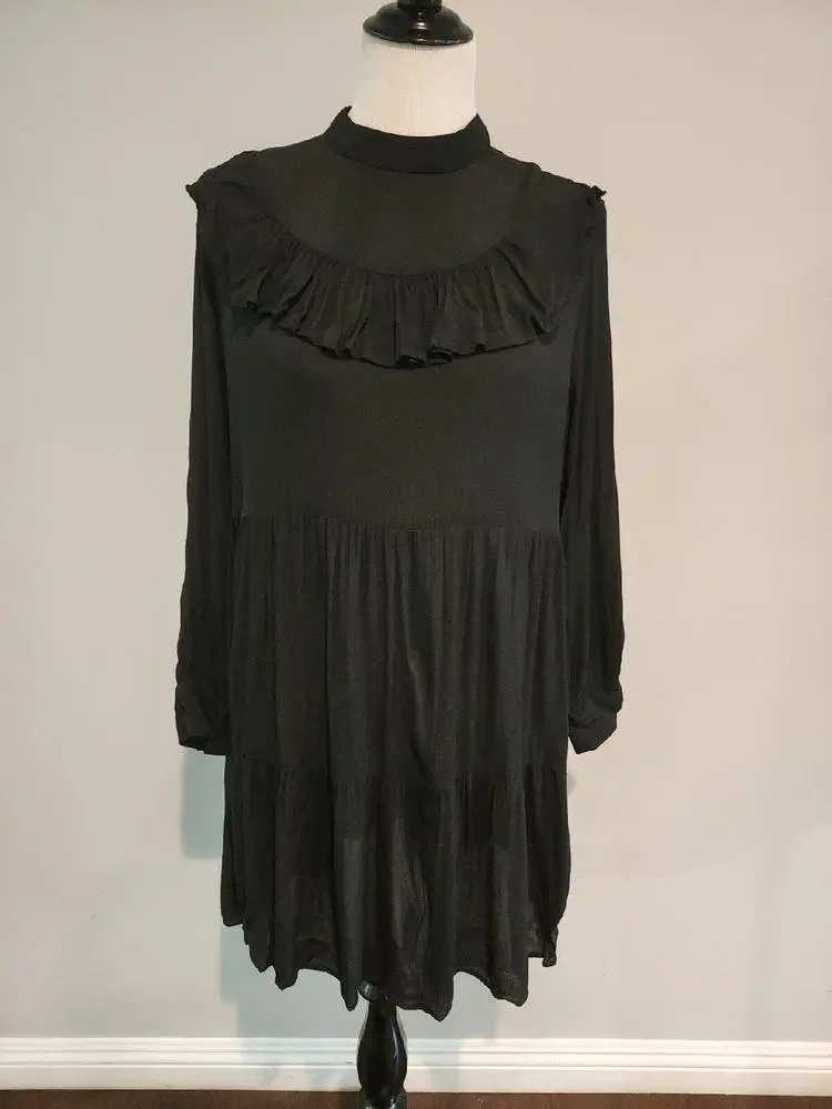 Zara Black Long Sleeve Ruffle Dress Size Small - Picture 1 of 9
